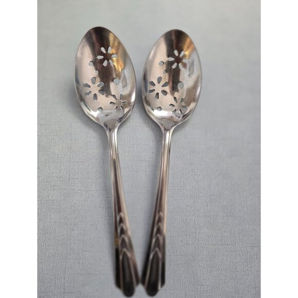 Vintage EKCO Stainless Steel Slotted Chevron Serving Spoons Set USA - Picture 1 of 5
